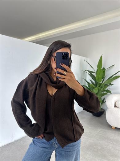 Kahve Kendinden Atkılı Hırka