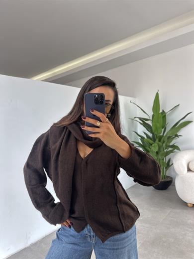 Kahve Kendinden Atkılı Hırka