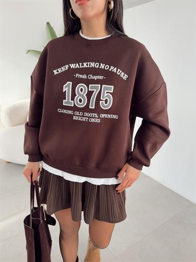 Kahve Kendinden Tişörtlü Nakışlı Sweat