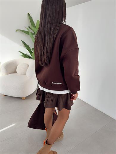 Kahve Kendinden Tişörtlü Nakışlı Sweat