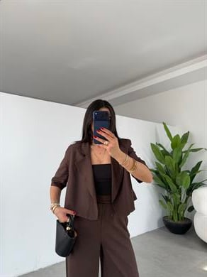 Kahve Keten Karışımlı Kısa Kollu Ceket