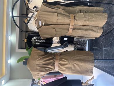 Kahve Keten Kemerli Elbise