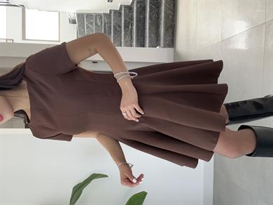 Kahve Kısa Kol Parçalı Kloş Elbise