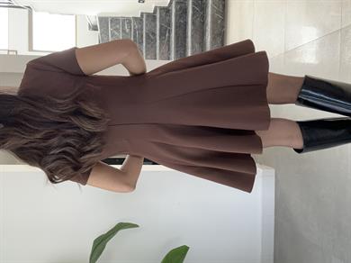 Kahve Kısa Kol Parçalı Kloş Elbise