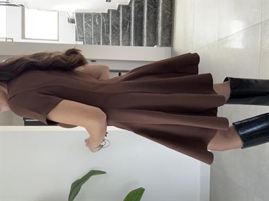 Kahve Kısa Kol Parçalı Kloş Elbise