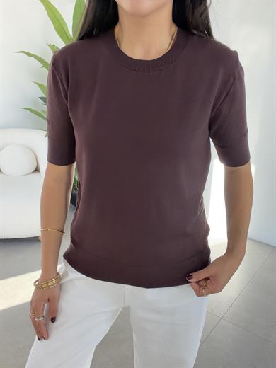 Kahve Kısa Kollu Triko Kazak