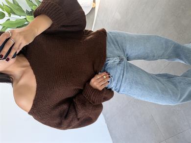 Kahve Kolları Katlamalı Triko Kazak