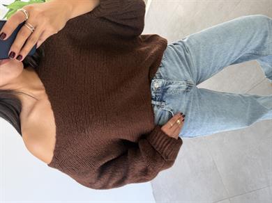 Kahve Kolları Katlamalı Triko Kazak