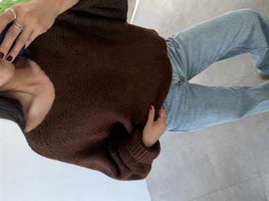 Kahve Kolları Katlamalı Triko Kazak