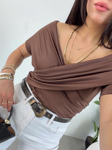 Kahve Kruvaze Yaka Bluz