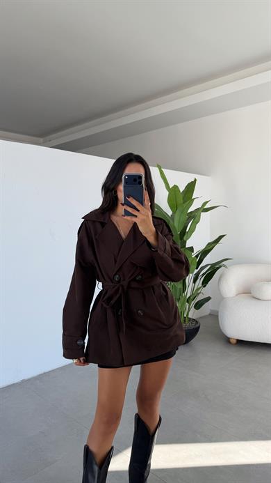 Kahve Kuşak Detaylı Trençkot