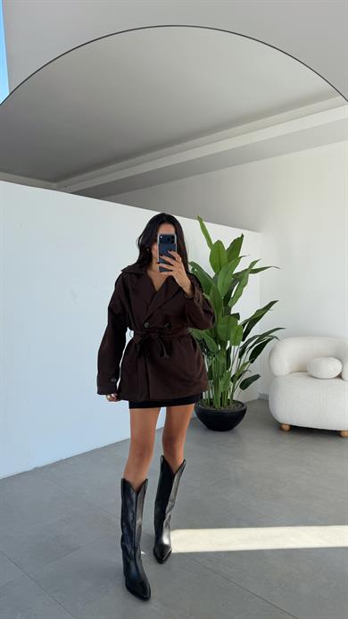 Kahve Kuşak Detaylı Trençkot