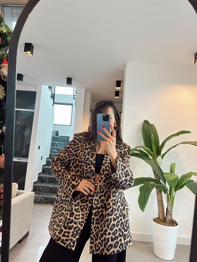 Kahve Leoapar Desenli Saten Blazer