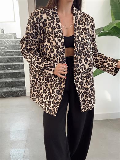 Kahve Leoapar Desenli Saten Blazer