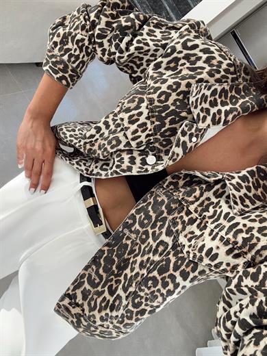 Kahve Leopar Desen Kısa Mont