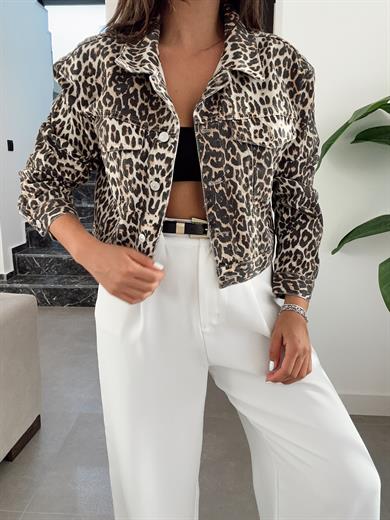 Kahve Leopar Desen Kısa Mont