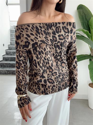Kahve Leopar Desen Madonna Yaka Bluz