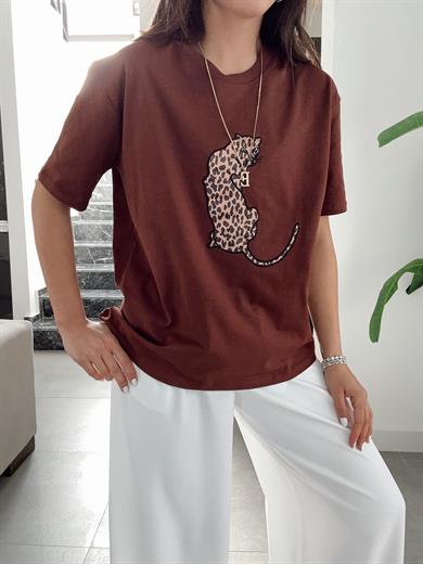 Kahve Leopar Desenli Basic Tişört