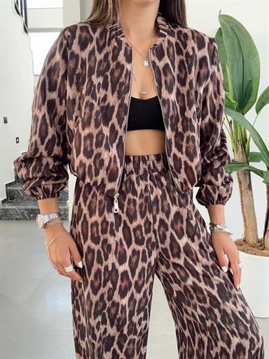 Kahve Leopar Desenli Bomber Ceket