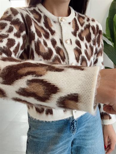 Kahve Leopar Desenli Gold Düğmeli Hırka
