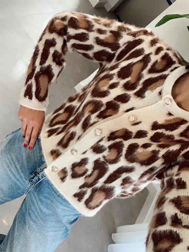 Kahve Leopar Desenli Gold Düğmeli Hırka