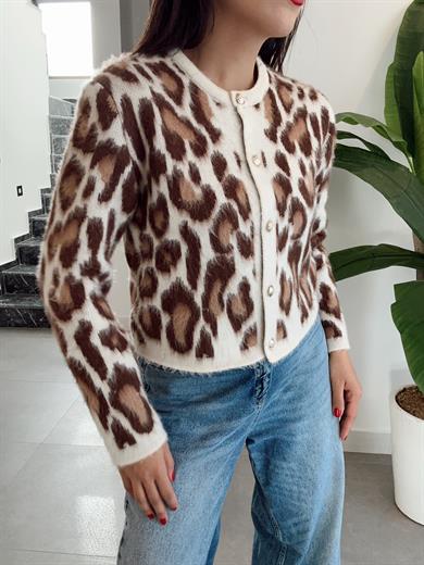 Kahve Leopar Desenli Gold Düğmeli Hırka