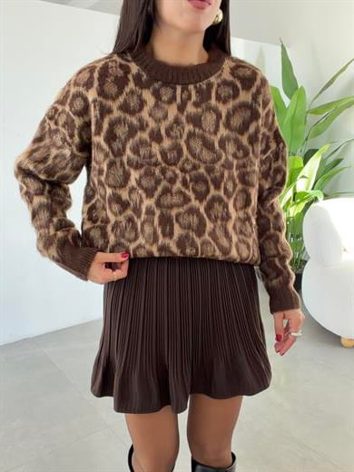 Kahve Leopar Desenli Kazak