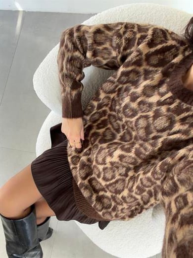 Kahve Leopar Desenli Kazak