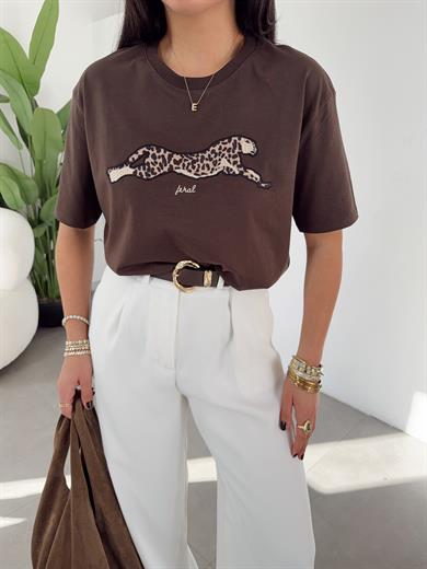 Kahve Leopar Desenli Oversize Tshirt