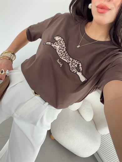 Kahve Leopar Desenli Oversize Tshirt