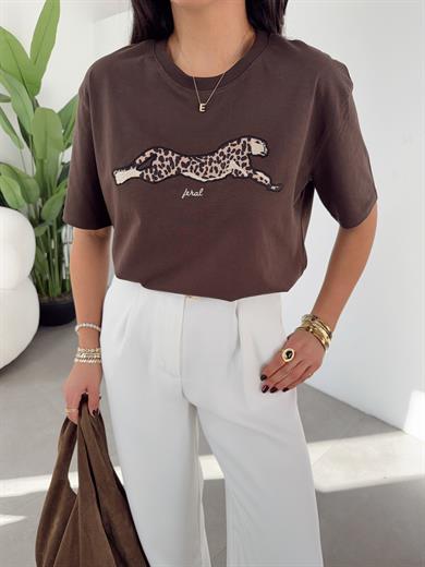 Kahve Leopar Desenli Oversize Tshirt