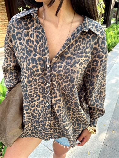 Kahve Leopar Oversize Gömlek