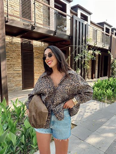Kahve Leopar Oversize Gömlek