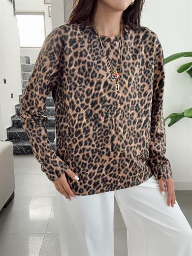 Kahve Leopar Uzun Kol Tişört
