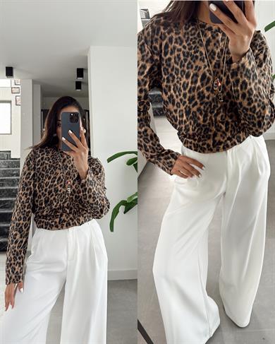 Kahve Leopar Uzun Kol Tişört