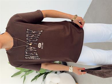 Kahve Leopar Yazılı Tshirt