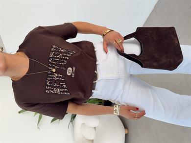 Kahve Leopar Yazılı Tshirt