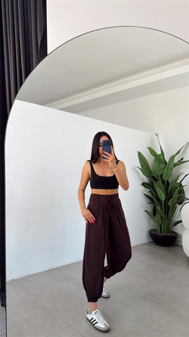 Kahve Likralı Kemerli Şalvar Pantolon
