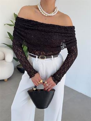 Kahve Madonna Yaka Dantel Bluz