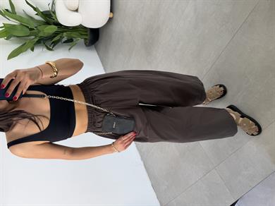 Kahve Marina Kumaş Cepli Parçalı Boru Paça Pantolon