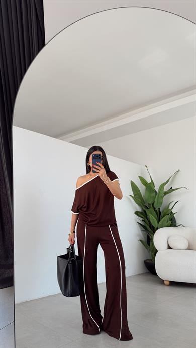 Kahve Modal Kontras Biyeli Tshirt Pantolon Takım