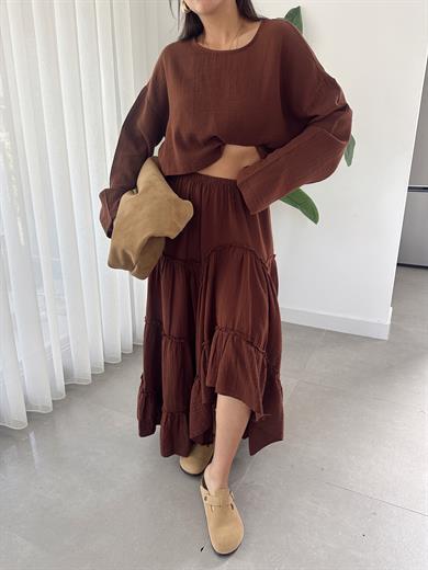 Kahve Müslin Uzun Kollu Bluz