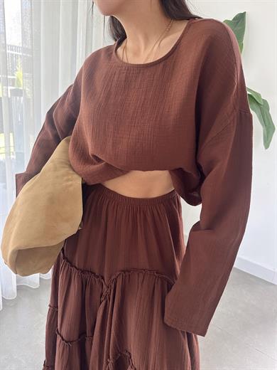 Kahve Müslin Uzun Kollu Bluz