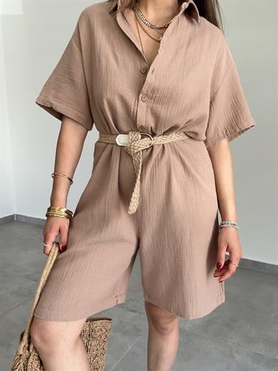 Kahve Müslin Yakalı Tulum