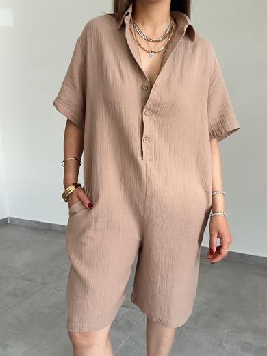 Kahve Müslin Yakalı Tulum