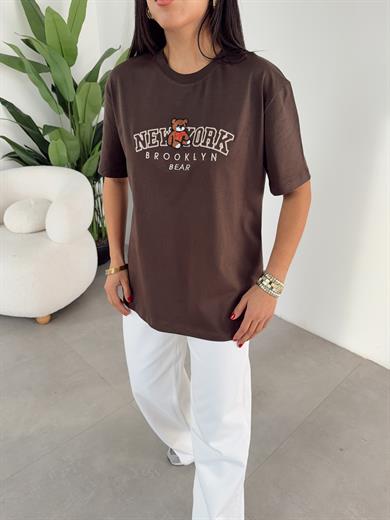 Kahve Ny Teddy Nakışlı Bisiklet Yaka Tshirt