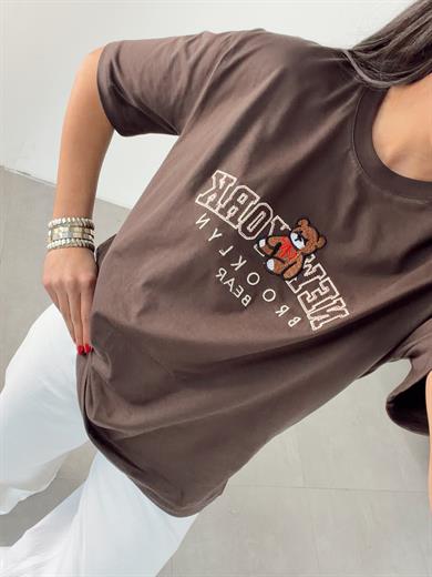 Kahve Ny Teddy Nakışlı Bisiklet Yaka Tshirt