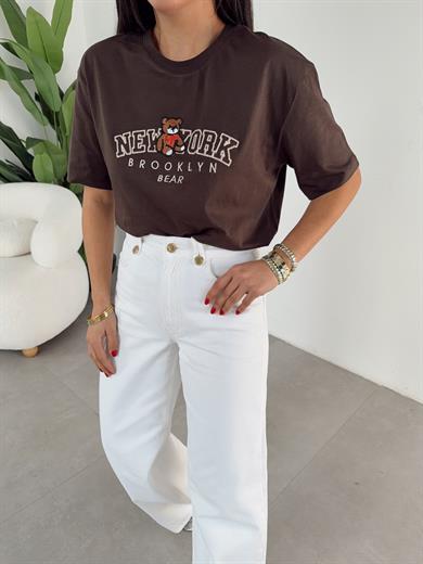 Kahve Ny Teddy Nakışlı Bisiklet Yaka Tshirt