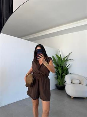 Kahve Omzu Büzgülü Kolsuz Şort Tulum