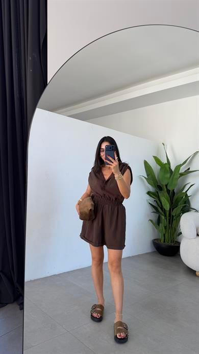 Kahve Omzu Büzgülü Kolsuz Şort Tulum